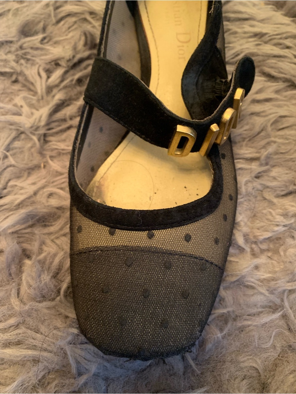 Dior Black Mesh Mary Jane Flats with Gold Lettering - Picture 6 of 7